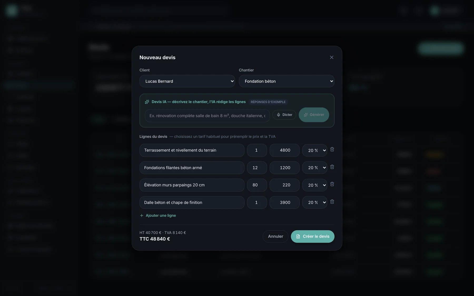 Fenêtre « Nouveau devis » de Fixio : client, chantier, encart « Devis IA », lignes de prestation et total TTC.