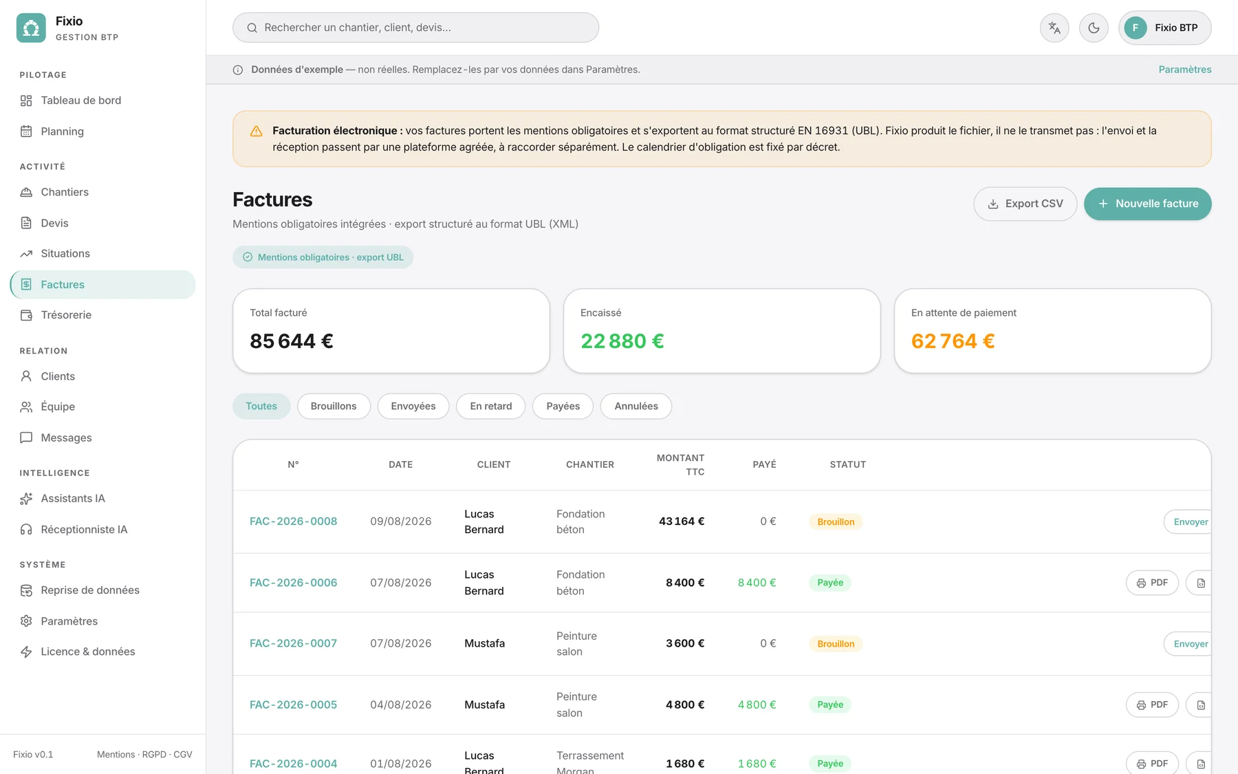 Liste des factures dans Fixio : total facturé, encaissé, en attente de paiement, et export PDF et XML pour chaque facture.