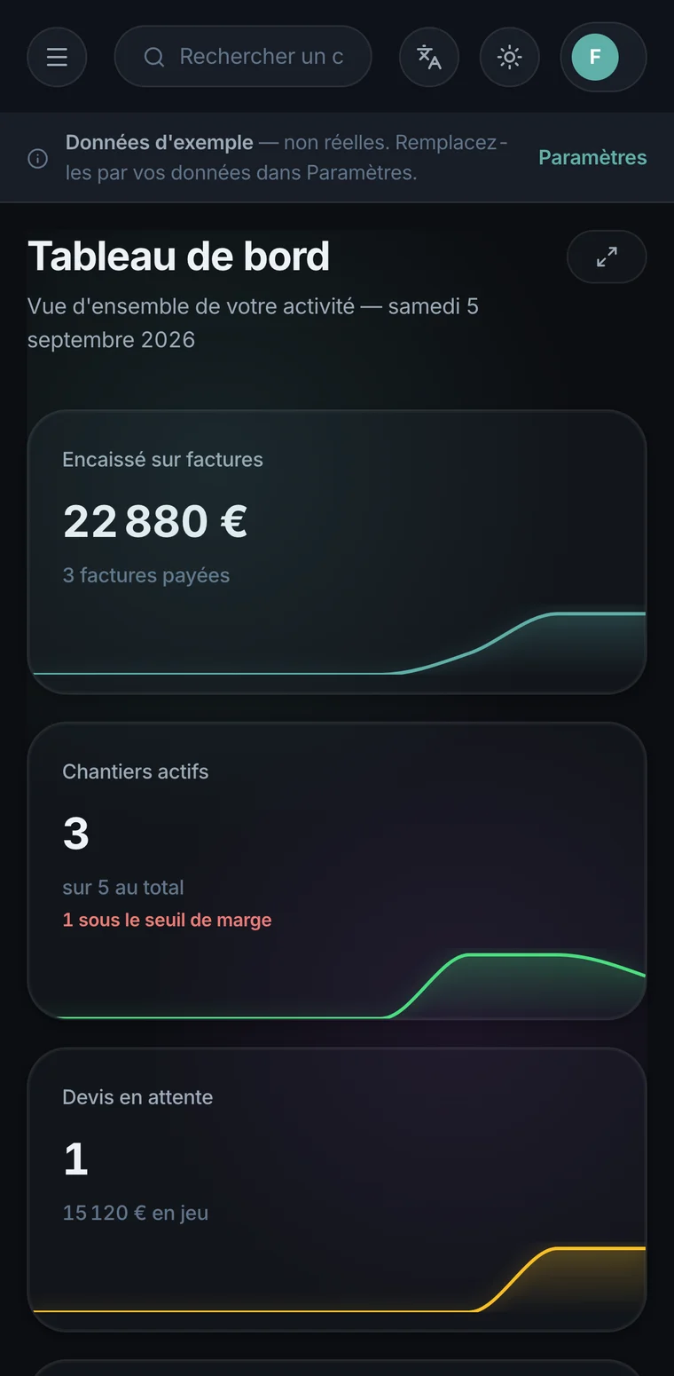 Fixio sur téléphone : le même tableau de bord, réorganisé en colonne.